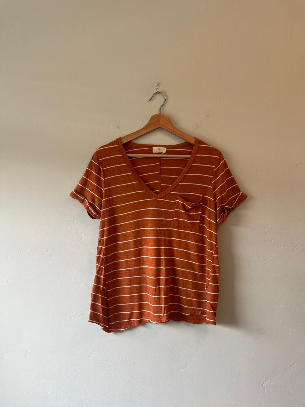 T.La Orange and White Stripe Oversized V-Neck Pocket Tee